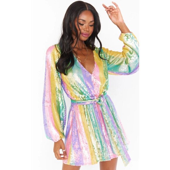 Show Me Your Mumu Wear Me Out Dress in Rainbow Stripe Womens Sequin Mini - Picture 13 of 17